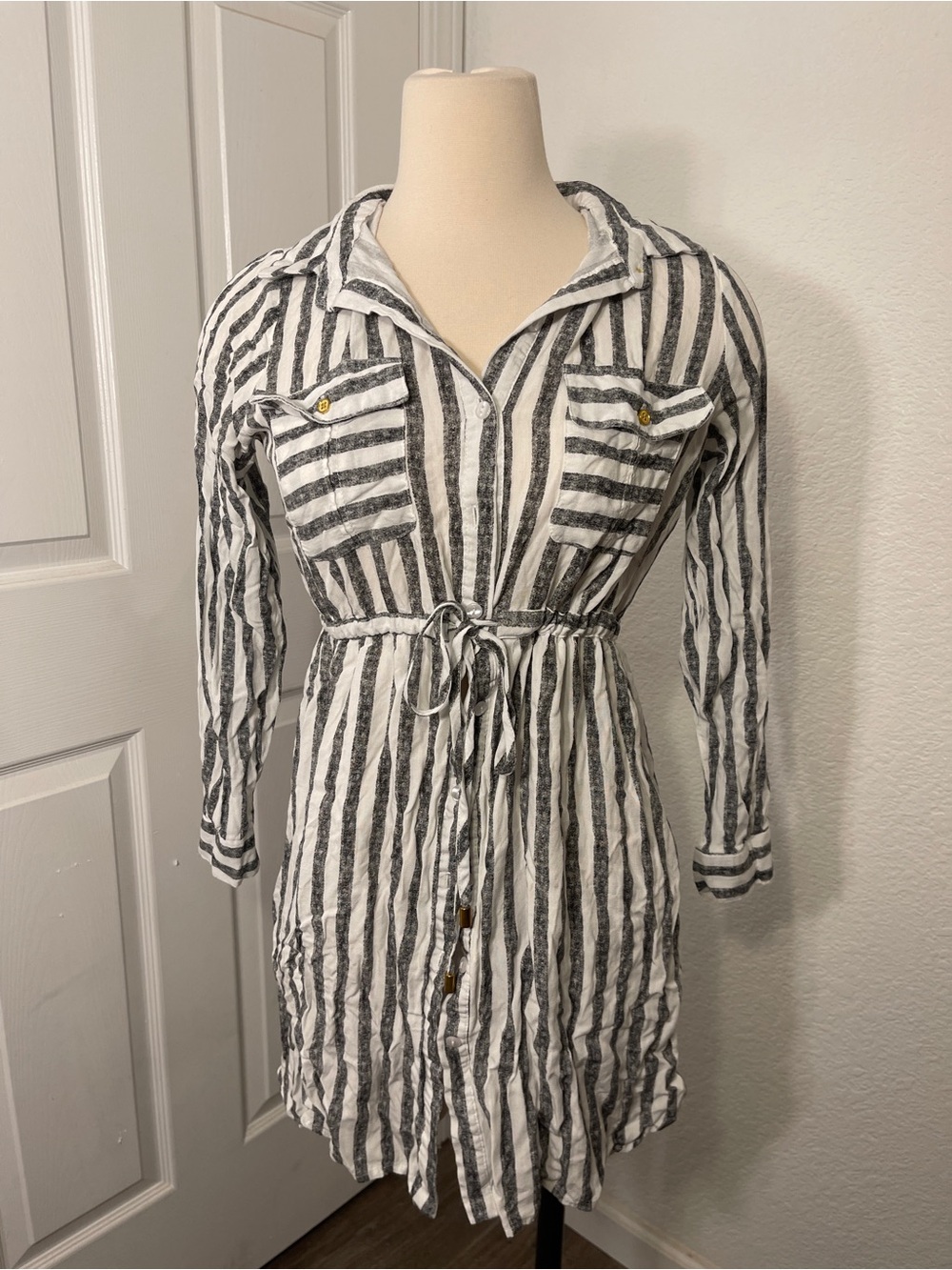 Striped Drawstring Shirt Dress in Black and White medium